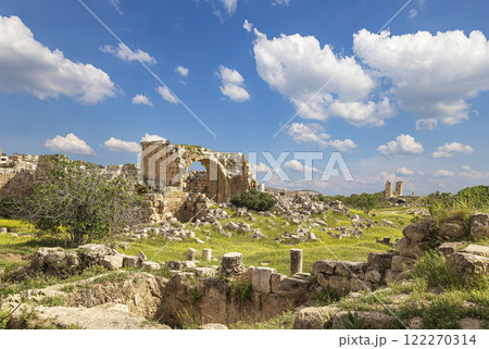 Roman ruins (against the background of a beautiful sky with clouds) in the Jordanian city of Jerash (Gerasa of Antiquity), capital and largest city of Jerash Governorate, Jordan Roman ruins (against the background of a beautiful sky with clouds) in the Jordanian city of Jerash (Gerasa of Antiquity), capital and largest city of Jerash Governorate, Jordan 122270314