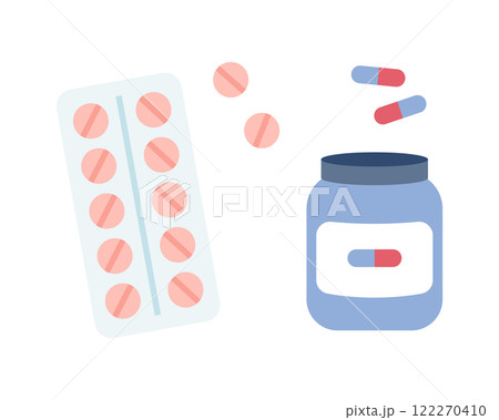 Medicines. Tablets and capsules in a jar and package. Vector illustration in cartoon flat style.  122270410