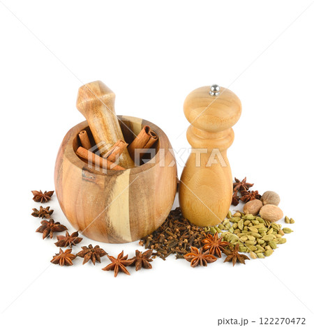 Pepper grinder mill, mortar, pestle and spice setisolated on white. Pepper grinder mill, mortar, pestle and spice setisolated on white. 122270472