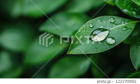 single droplet of water rests on green leaf, showcasing nature beauty and freshness. vibrant green leaves create serene backdrop 122270982