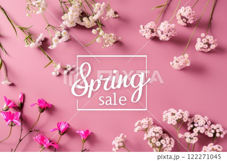 Spring sale poster with pink and white flowers on pink background. 122271045