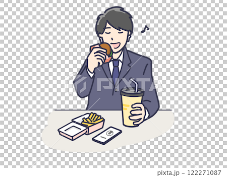 A male student or a young man in a suit happily eating fast food A male student or a young man in a suit happily eating fast food 122271087