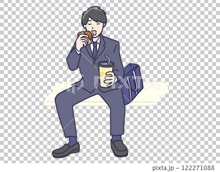 Male student sitting and eating fast food, full body 122271088