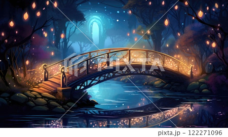 magical bridge by lake fairy tale illustration 122271096