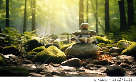 tower of zen stones in summer forest on sunny day tower of zen stones in summer forest on sunny day 122271112