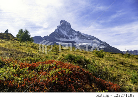 Autumn in Zermatt with a lovely view of the Matterhorn peak near Zermatt Switzerland 122271198