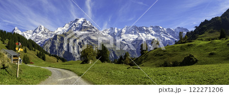 Traditional alpine village in touristic valley Lauterbrunnen, Switzerland attraction Traditional alpine village in touristic valley Lauterbrunnen, Switzerland attraction 122271206