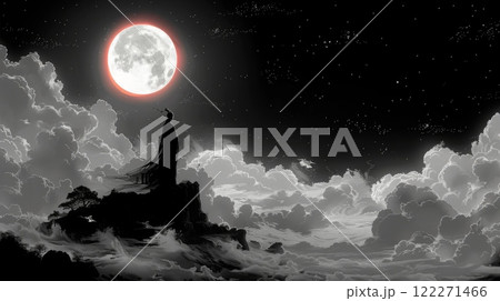 Mythical creatures. Japan myth. Tsukuyomi-no Mikoto, a figure of enigmatic allure, stands atop a celestial peak, his gaze sweeping across the slumbering world below. moon god in Japanese mythology 122271466