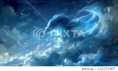 Mythical creatures. Japan myth. Tsukuyomi-no Mikoto, figure of tranquil grace, glides serenely across the velvety expanse of the night sky. moon god in Japanese mythology 122271467