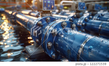 gas storage facility, large pipes with blue color, control box for electric equipment in the background, sunny day, photo realistic 122271539