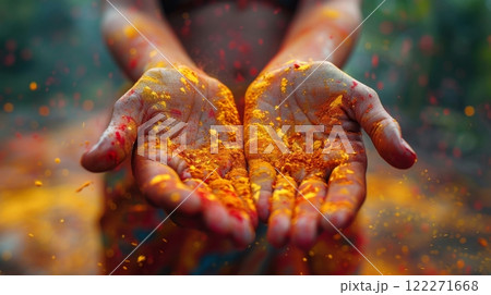 Happy Holi , Concept Indian color festival. close-up female hands with colored powder over dark Happy Holi , Concept Indian color festival. close-up female hands with colored powder over dark 122271668
