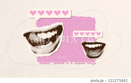 Halftone collage of mouth with feedback and hearts review bar with paper texture. Rating, like comment icons design or Valentine's day banner. Vector vintage illustration 122271681