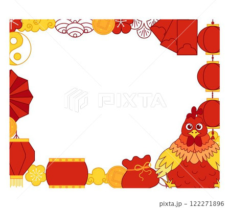 2029 Chinese new year, lunar lantern festival, year of the Rooster template rectangle frame design with chinese traditional elements.  122271896