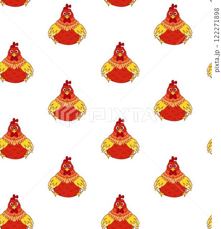 Seamless pattern with cute rooster character. Can be used for graphic design, branding, textile design, packaging, wrapping paper. Vector graphic line illustration. Seamless pattern with cute rooster character. Can be used for graphic design, branding, textile design, packaging, wrapping paper. Vector graphic line illustration. 122271898