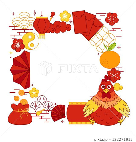 chinese new year traditional elements with rooster 2029 circle round frame in graphic line vector style. template for your text. lunar lantern festival chinese new year traditional elements with rooster 2029 circle round frame in graphic line vector style. template for your text. lunar lantern festival 122271913