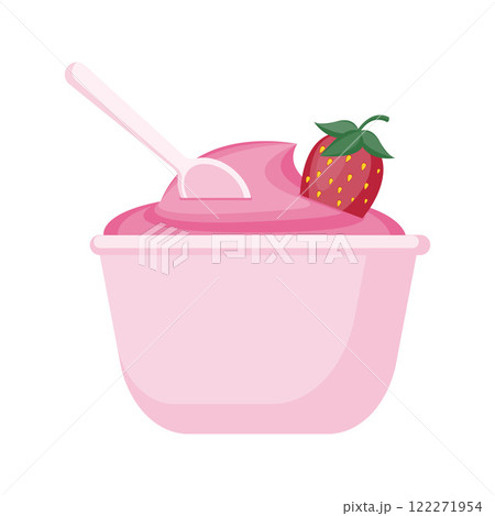 Ice cream with straberry and plastic spoon on top cartoon illustration sweet dessert Ice cream with straberry and plastic spoon on top cartoon illustration sweet dessert 122271954