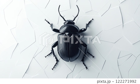 A close-up view of a black beetle on a minimalistic white background with geometric shapes 122271992