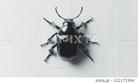 A close-up view of a black beetle on a minimalistic white background with geometric shapes 122271994