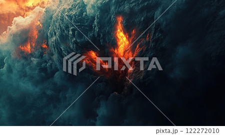 A dramatic depiction of Earth engulfed in dark clouds and flames, powerful apocalyptic scene. 122272010