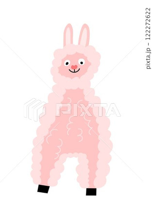 Cute pink fluffy alpaca character with long ears, happy expression and black hooves. 122272622