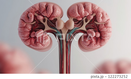 Human kidney, anatomy highlighting intricate veins, tissue details, and realistic textures against clean pale background. 122273252