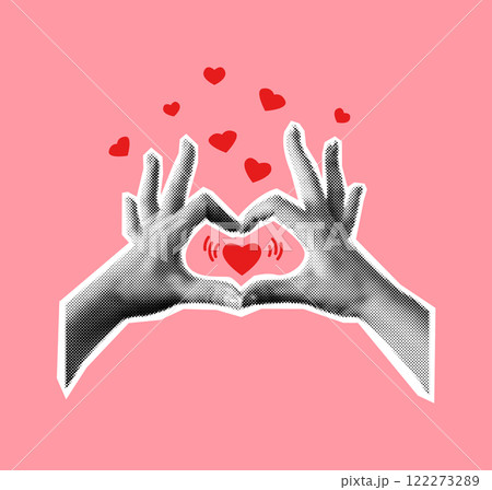 Halftone hands making heart symbol collage illustration 122273289