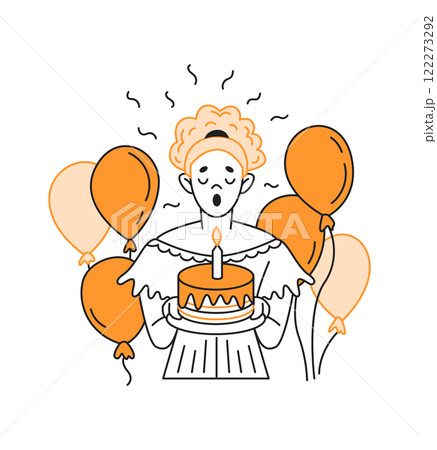 Woman blowing candle on birthday cake color linear icon Woman blowing candle on birthday cake color linear icon 122273292