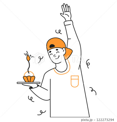 Joyful teenage boy with birthday cupcake color linear icon 122273294