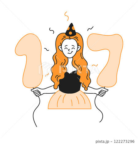Happy teenage birthday girl holding seventeen number icon Happy teenage birthday girl holding seventeen number icon 122273296