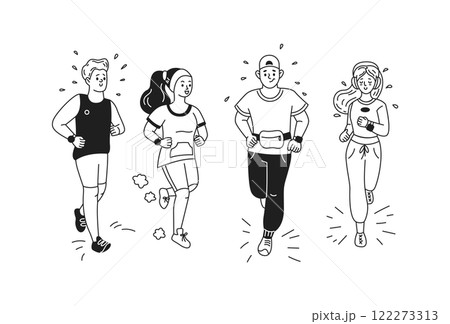 Doodle characters enjoy running linear icons collection Doodle characters enjoy running linear icons collection 122273313