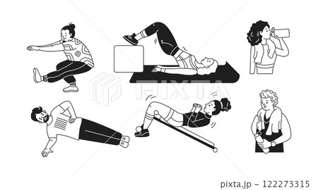 Sportive people perform fitness exercises linear icons 122273315