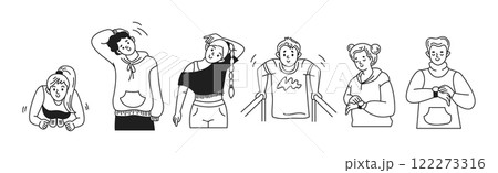 Doodle characters perform warming up exercises linear icons Doodle characters perform warming up exercises linear icons 122273316