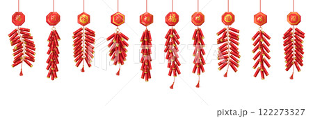 Chinese holiday firecrackers with pendants color icons Chinese holiday firecrackers with pendants color icons 122273327