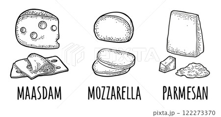 Pieces of cheese maasdam, mozzarella, parmesan. Vector vintage engraving 122273370