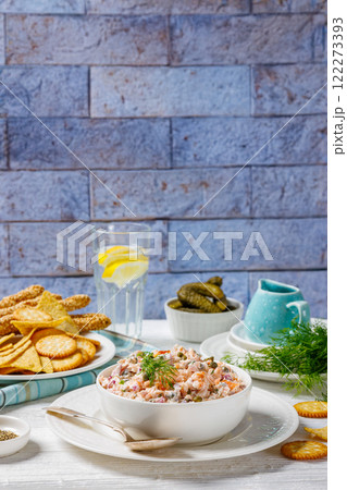 salmon dip with caper, red onion, fresh dill and sour cream  122273393