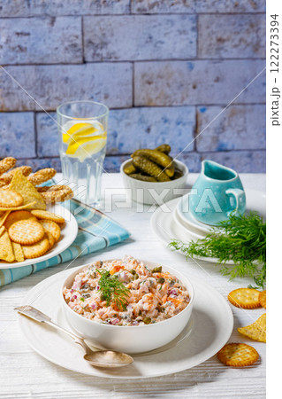 salmon dip with caper, red onion, fresh dill and sour cream  122273394