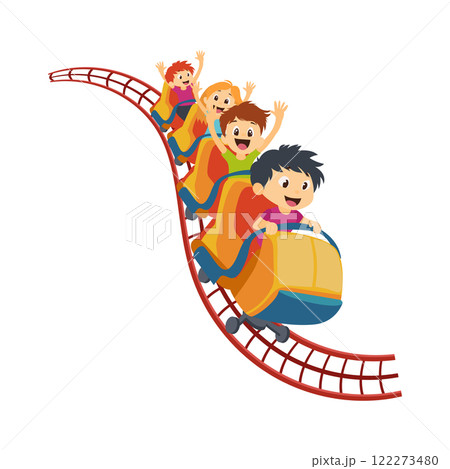 Children at roller coaster in flat design. Kids riding at extreme attraction. Vector illustration isolated. Children at roller coaster in flat design. Kids riding at extreme attraction. Vector illustration isolated. 122273480