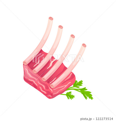 Raw pork ribs in flat design. Deli butcher product for barbecue grill. Vector illustration isolated. 122273514