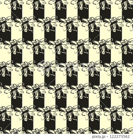 Checkered board, sketch hand drawn line flower abstract seamless pattern. Classical geometrical grid design. Black white vintage colour palette. Graphic ornamental background. Vector illustration 122273562