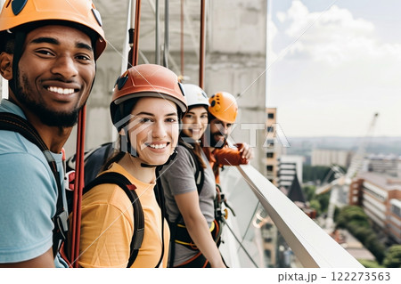 Team building adventure with friends on urban ropes course 122273563