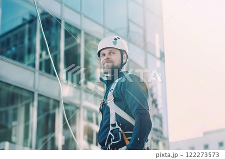 Confident urban rooftop worker with safety gear against cityscape 122273573