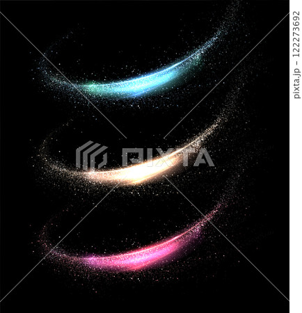 Set of isolated ribbons with shiny tinsel on black background, design element 122273692