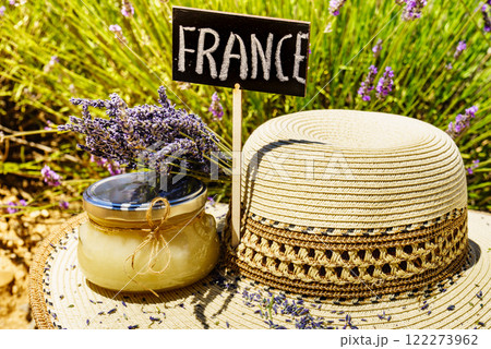 Jar with honey at lavender field. Holidays in France. Jar with honey at lavender field. Holidays in France. 122273962