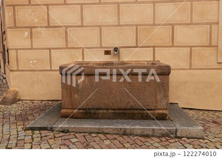 Drinking fountain golden tap for water in public in Václavské náměstí . Wenceslas square after reconstruction of lower part of square. Civic infrastructure utility. Praha, Czech Republic  122274010