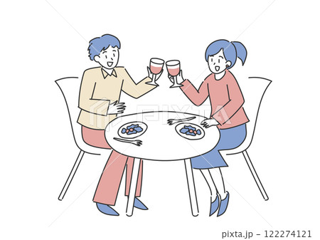 テーブルで乾杯をする男女のイラスト 122274121