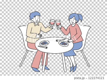 テーブルで乾杯をする男女のイラスト 122274121