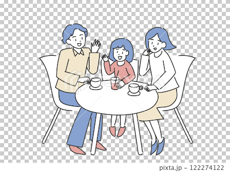 Illustration of a family chatting at a table 122274122