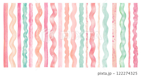 Vertical stripes of different shapes and colors. Watercolor abstract wavy and straight ribbon, a set of swatches green, mint and pink colored on a white background. A decorative elements for design. 122274325
