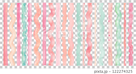 Vertical stripes of different shapes and colors. Watercolor abstract wavy and straight ribbon, a set of swatches green, mint and pink colored on a white background. A decorative elements for design. Vertical stripes of different shapes and colors. Watercolor abstract wavy and straight ribbon, a set of swatches green, mint and pink colored on a white background. A decorative elements for design. 122274325