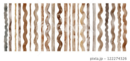 Vertical stripes of different shapes and colors. Watercolor abstract wavy and straight ribbon, a set of color swatches, brown, coffee colored on a white background. A decorative elements for design. 122274326